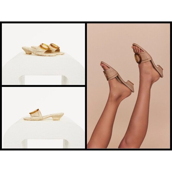 💕CULT GAIA💕 Nelly Sandal Tan Natural Raffia Open Toe Mule Low Heel 60s 39 NWT - Picture 3 of 16